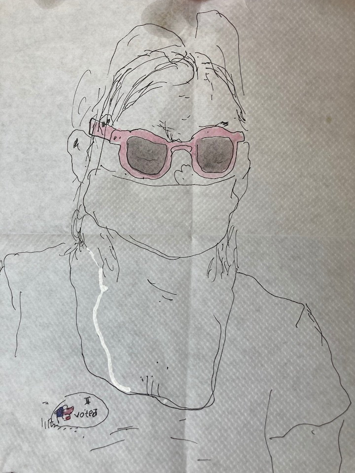 Drawing of a women wearing a mask, sunglasses, and an,'I voted' sticker