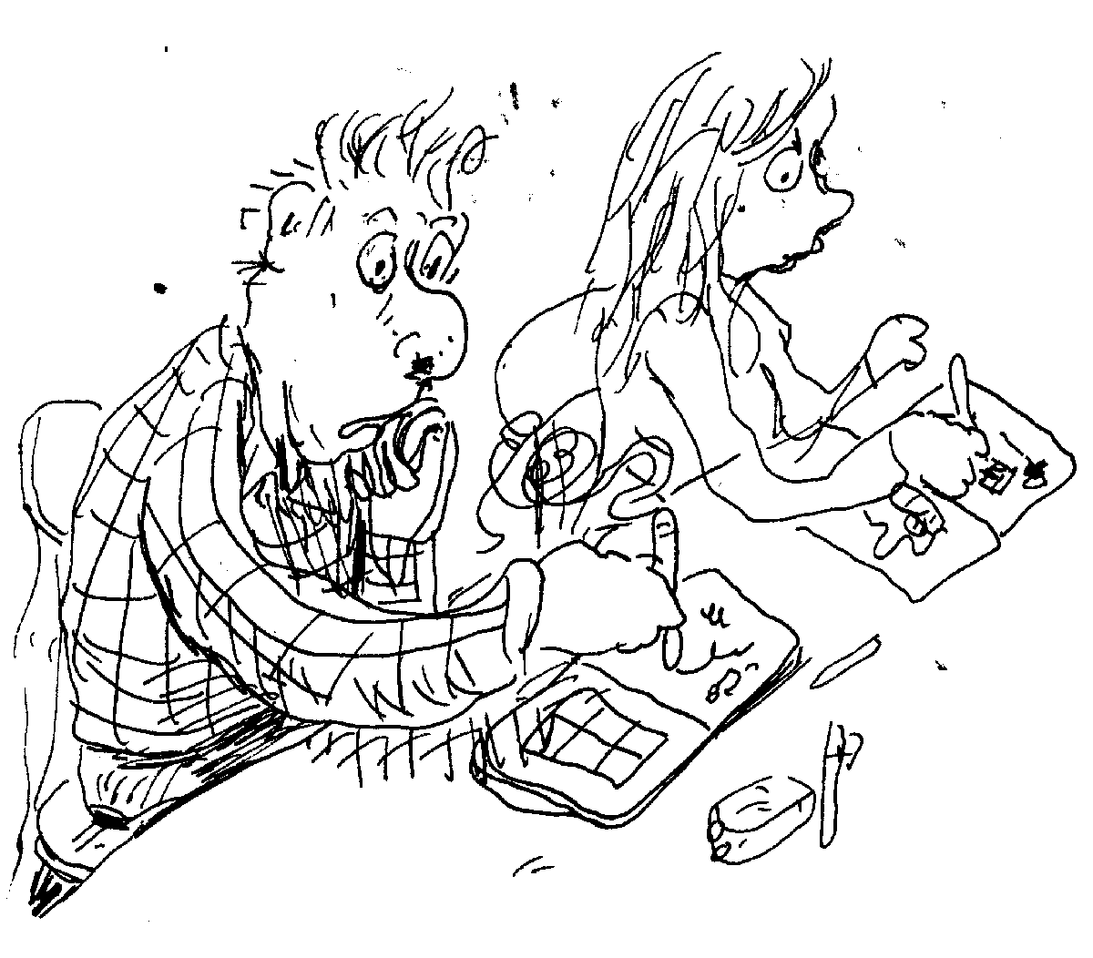 ink drawing two people drawing comics together