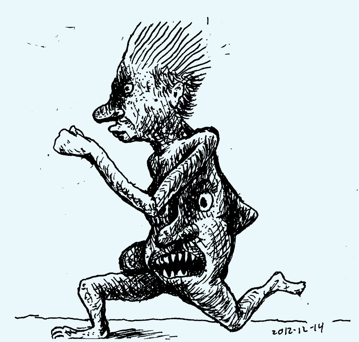 Drawing of a man running, his stomache is a face with an open hungry mouth.