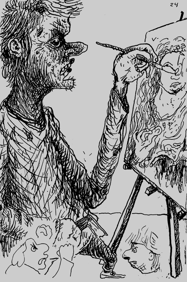 Drawing of a man painting a picture of a women.  Two angry profiles at the bottom of the page.