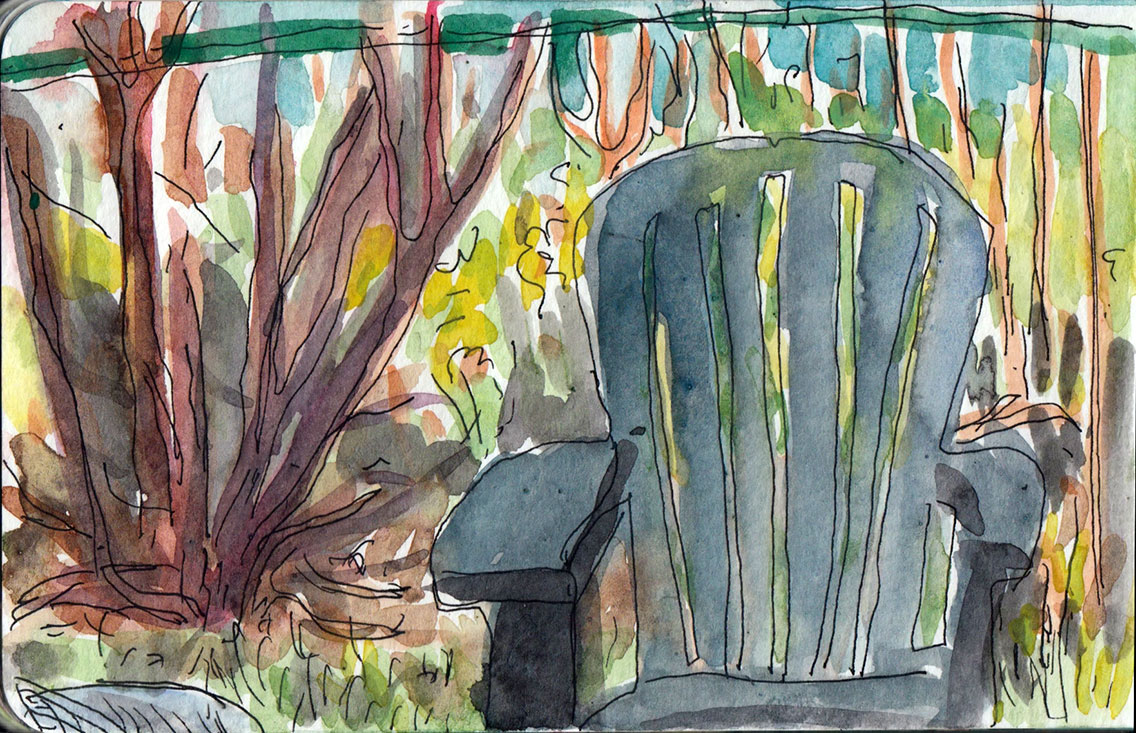 Watercolor of a chair sitting in yard.